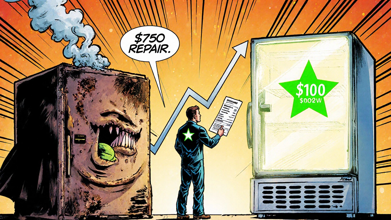 A comic-style battle between an old energy-draining freezer and a sleek new efficient freezer, with a homeowner holding repair and replacement quotes.