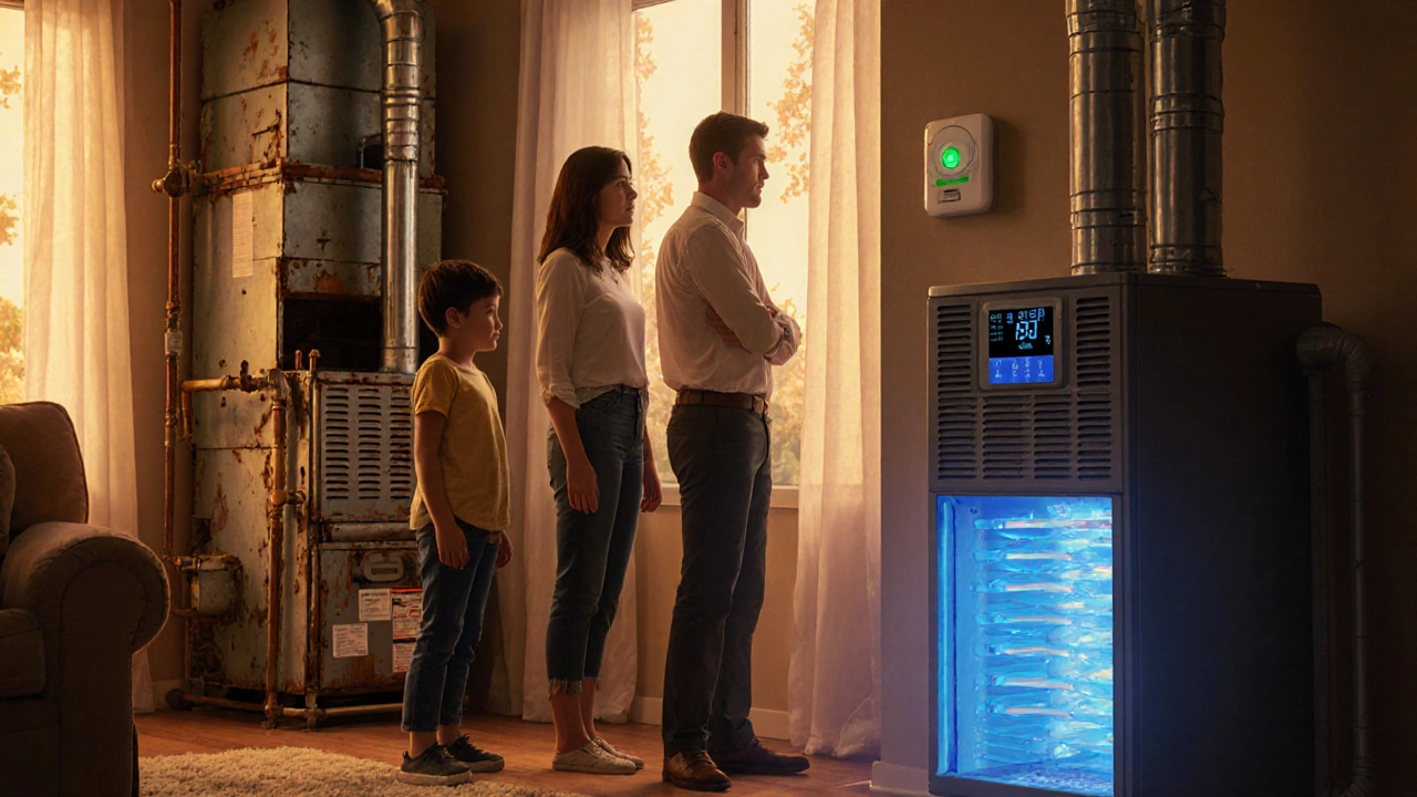 A modern efficient gas furnace with a carbon monoxide detector nearby in a safe home.