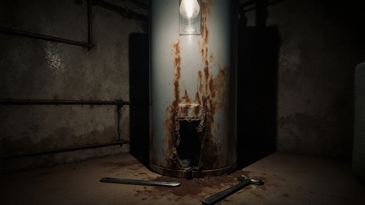 A rusted gas water heater in a damp basement, showing signs of corrosion and neglect.