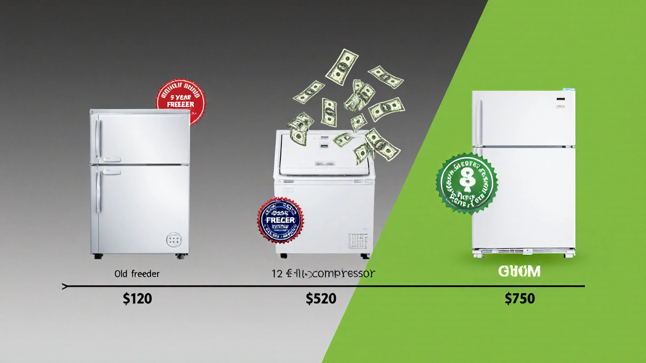 A visual timeline showing freezer repair costs versus long-term energy savings, transitioning from gray to green as savings accumulate.