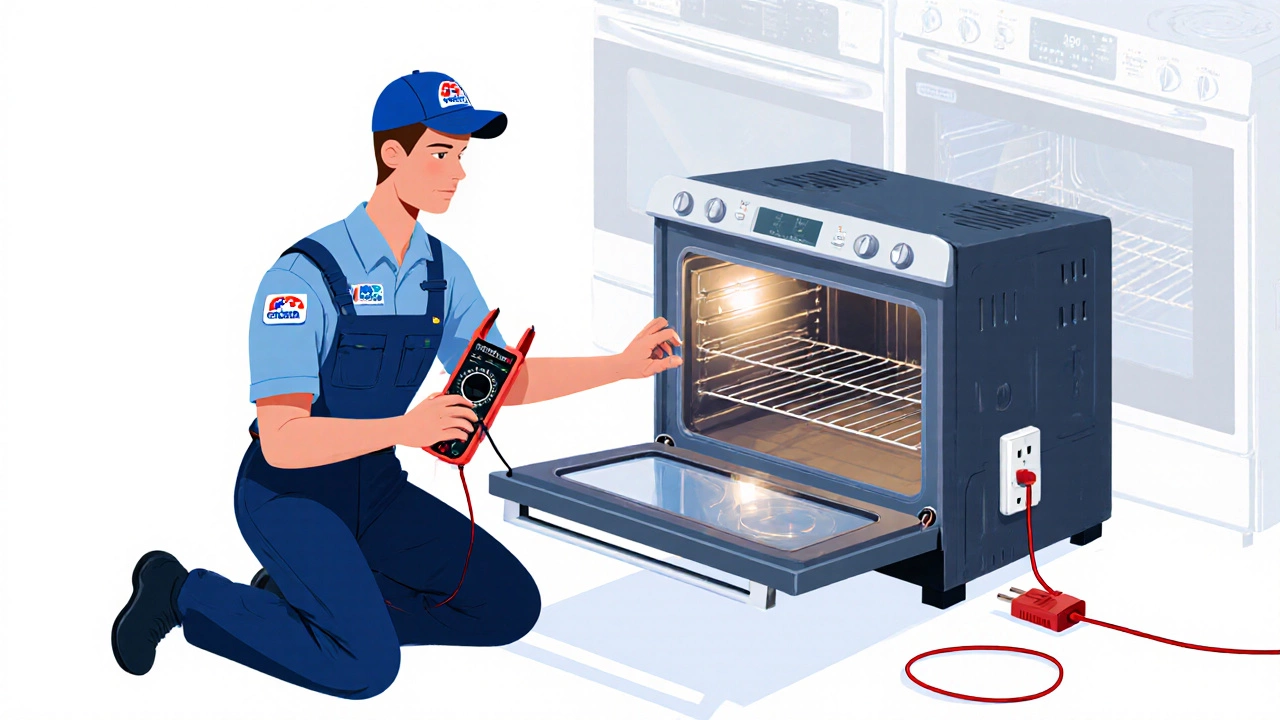Appliance technician checking an oven while a modern energy‑efficient model is visible nearby.