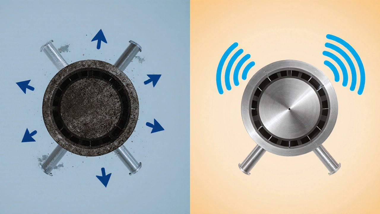 Before‑and‑after split view of a dirty motor versus a clean motor with airflow arrows.