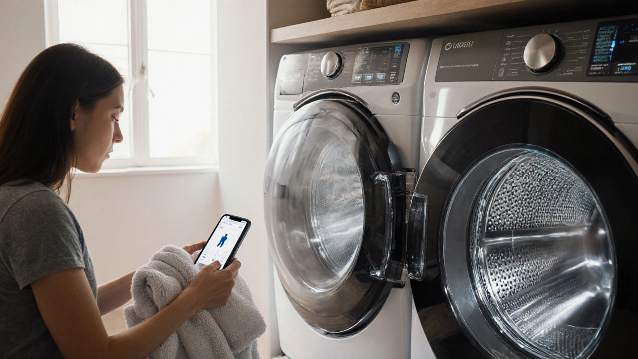 Bright laundry room with modern dryer, smart phone nearby, and a person loading towels.