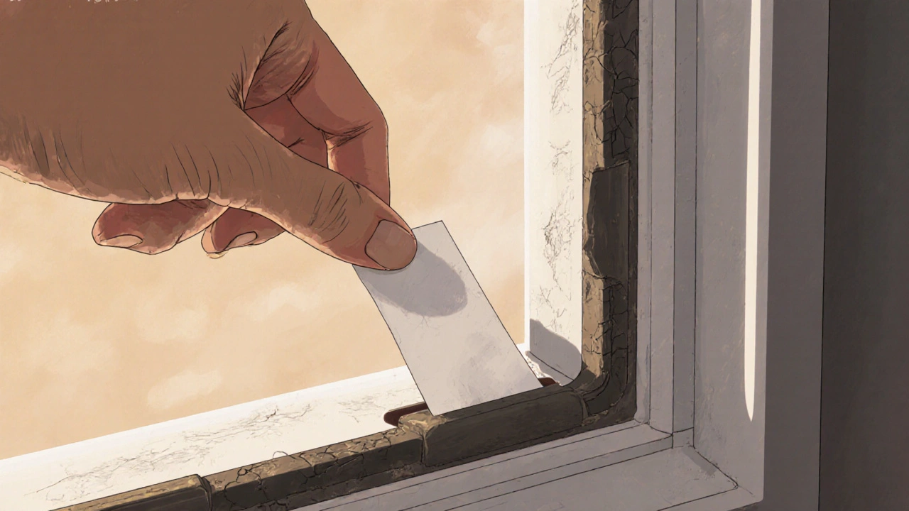 Close-up of a fridge door seal test with paper pulling against a cracked gasket.