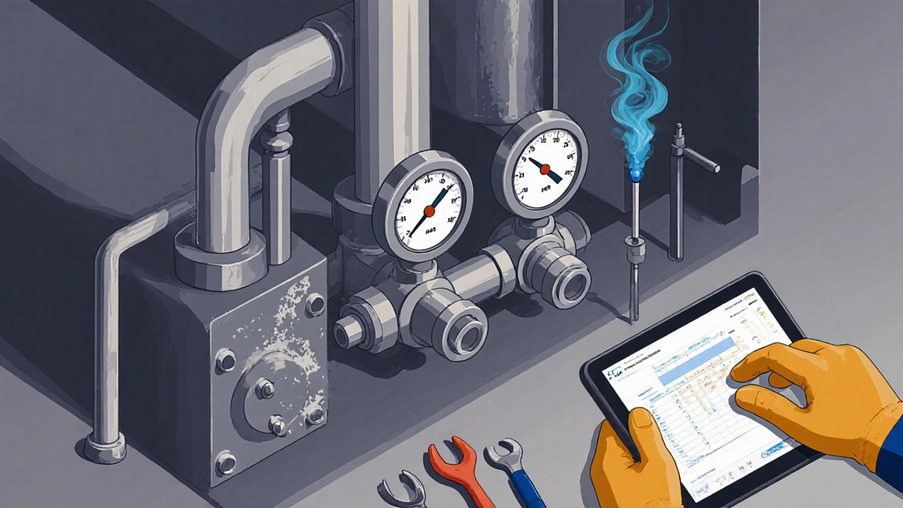 Close‑up of boiler components being checked by a technician.