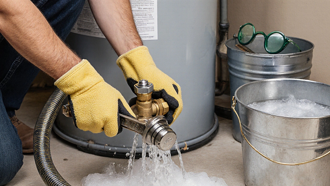 Close-up of hands using a wrench to open a water heater drain valve with a hose attached.