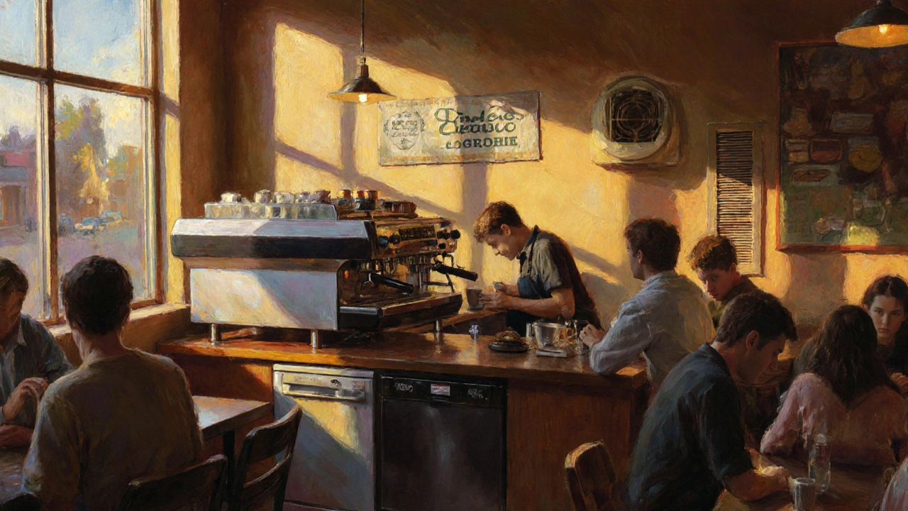 Cozy Wellington café interior featuring an espresso machine, a dishwasher, and an HVAC vent with warm morning light.