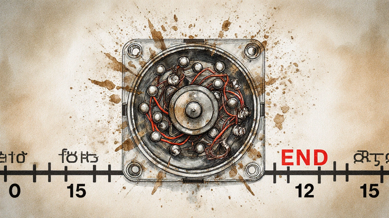 Cross-section of a failing extractor fan motor with rusted bearings and frayed wires, illustrated in technical watercolor style.