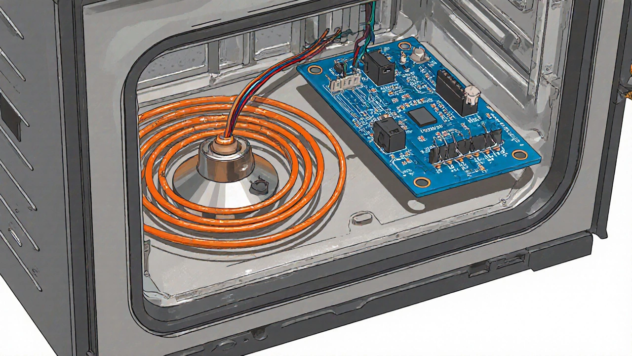 Cutaway view of an oven showing cracked heating element, thermostat, control board, and door seal.