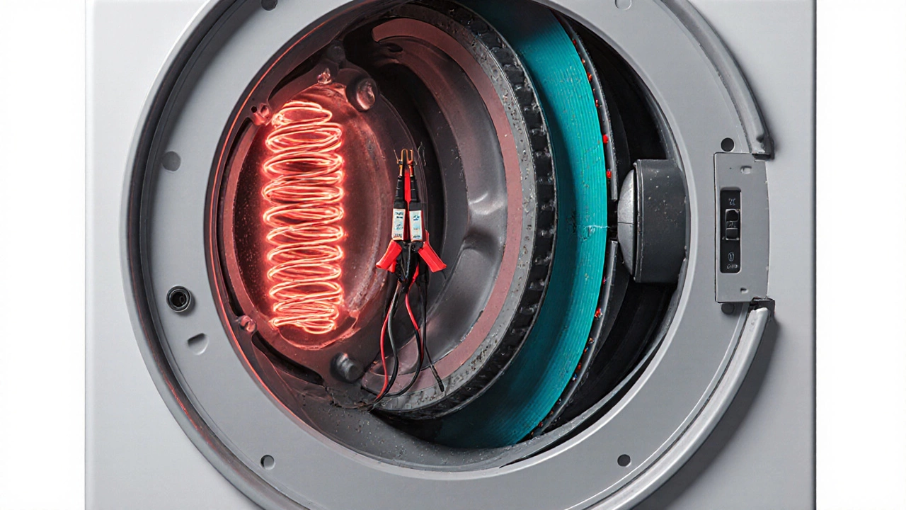 Cutaway view of dryer showing heating element, multimeter test, drive belt, and drum bearing.