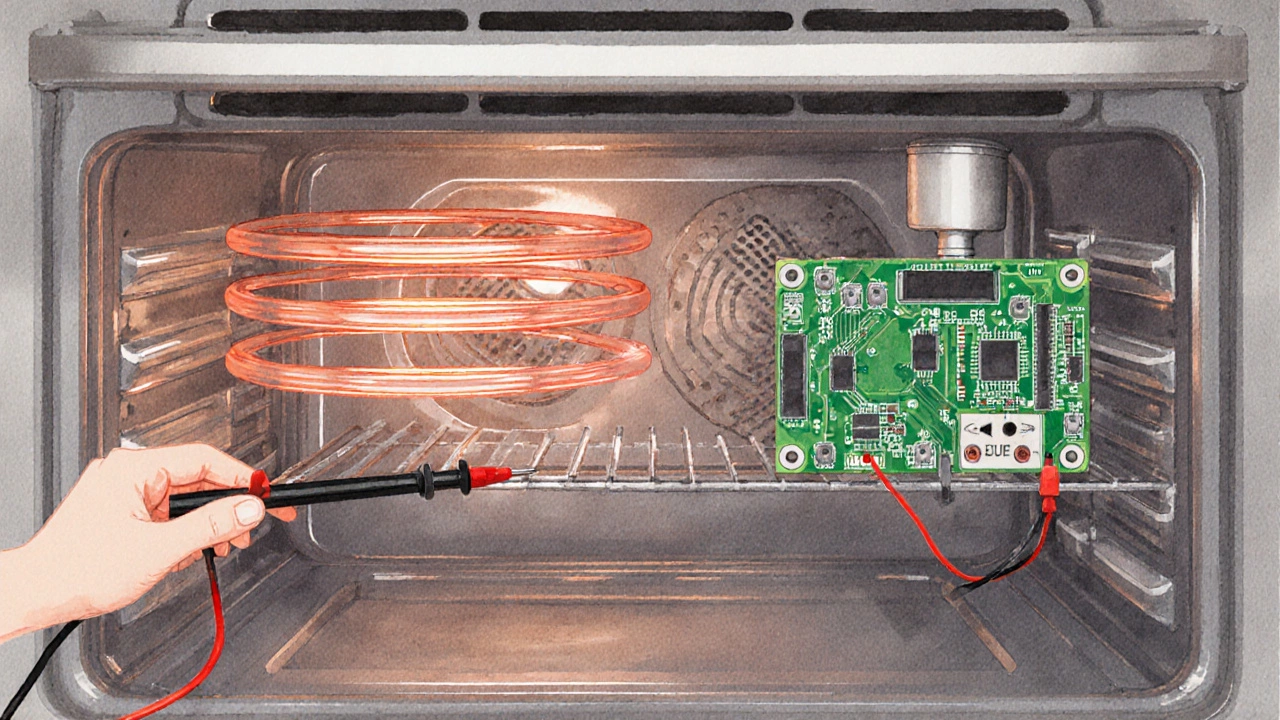 Cutaway view of oven showing heating element, thermostat, thermal fuse, and control board.