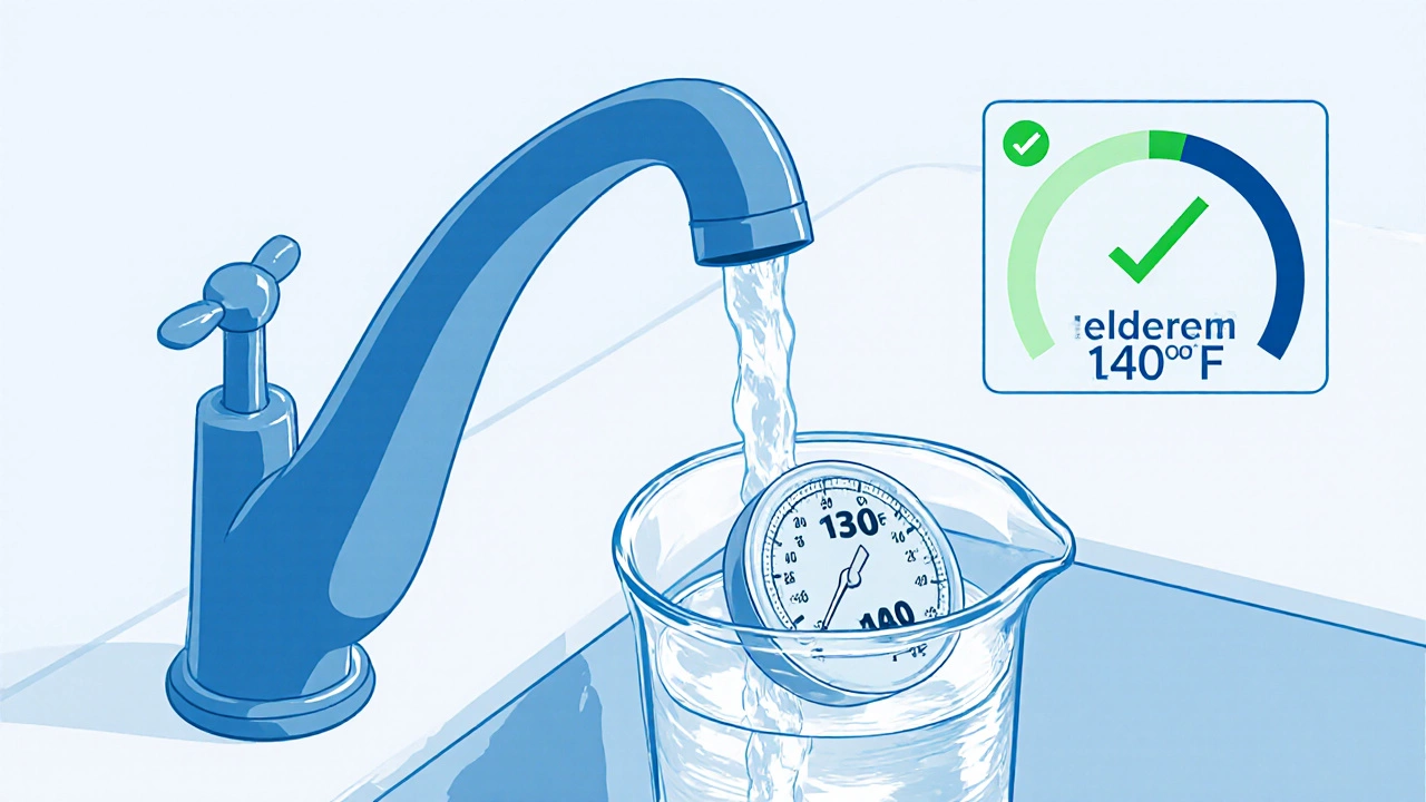 Faucet water temperature measured at 130°F with a thermometer.