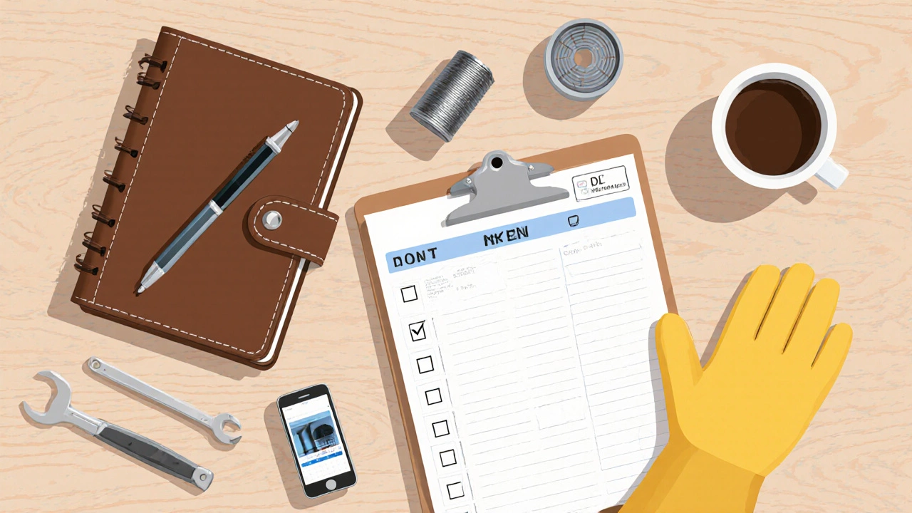 Flat lay of maintenance tools, notebook and calendar on a table.