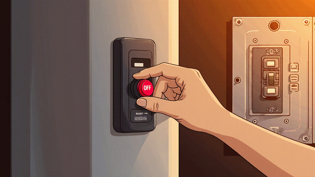 Hand pressing the red reset button on a water heater while the circuit breaker is turned off.