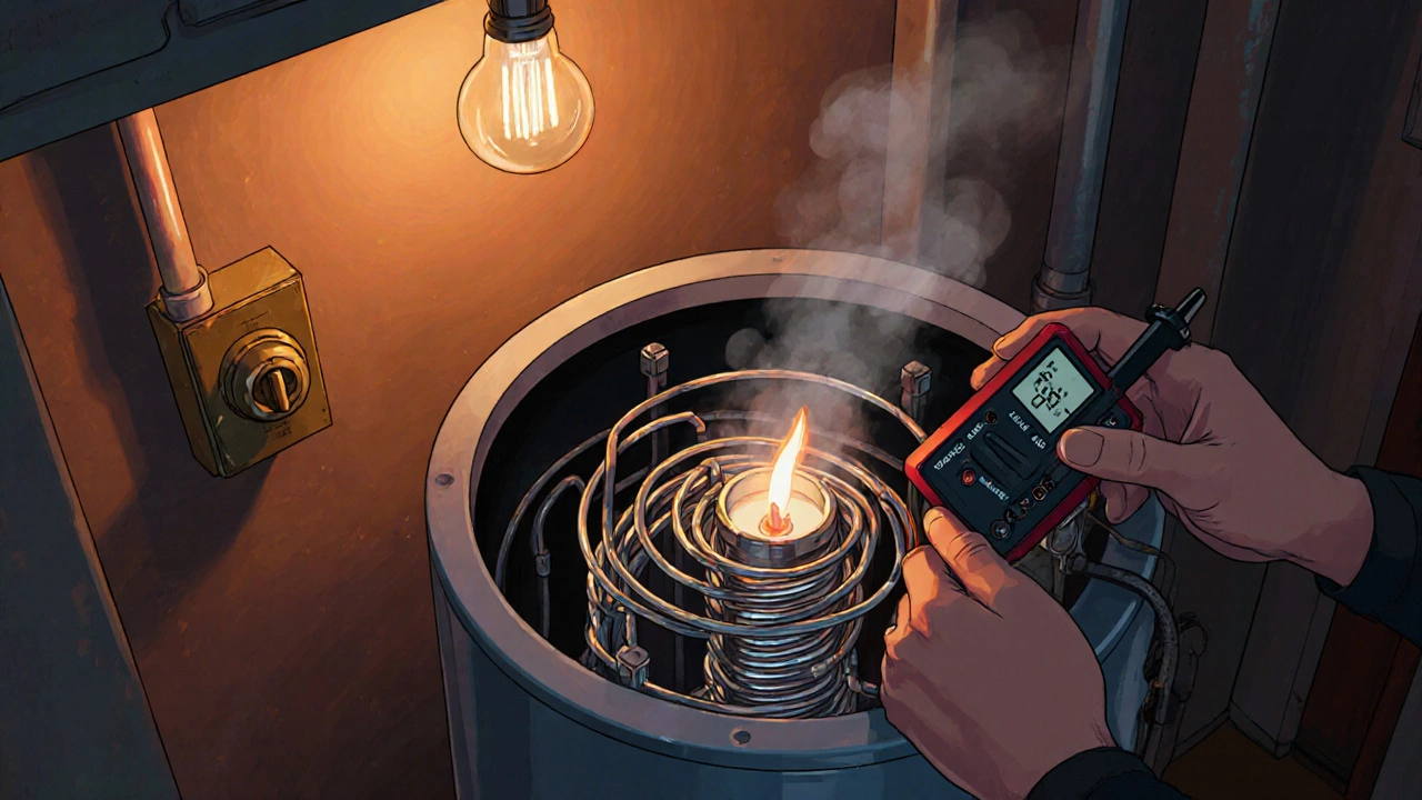 Hands using a multimeter on a heating element inside an open water heater.