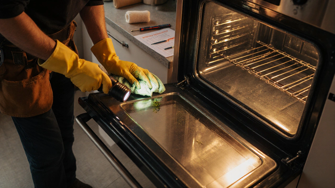 Homeowner cleaning and inspecting an unplugged oven with gloves and tools.