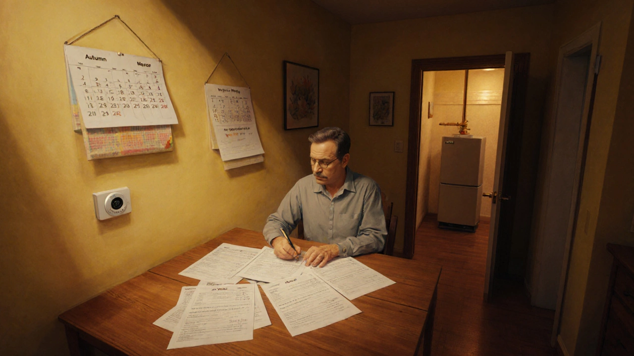 Homeowner comparing service quotes at a kitchen table with calendar and thermostat.