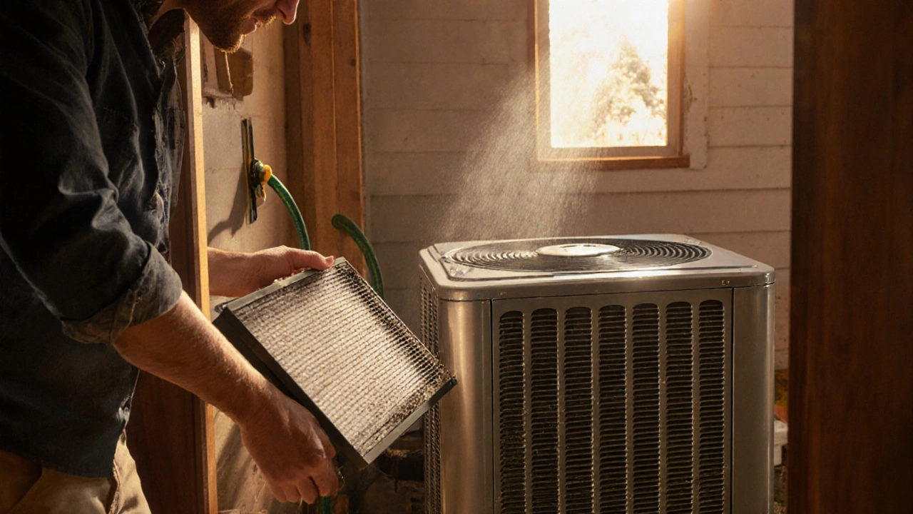 Homeowner replaces indoor air filter and rinses outdoor condenser coil with a hose.