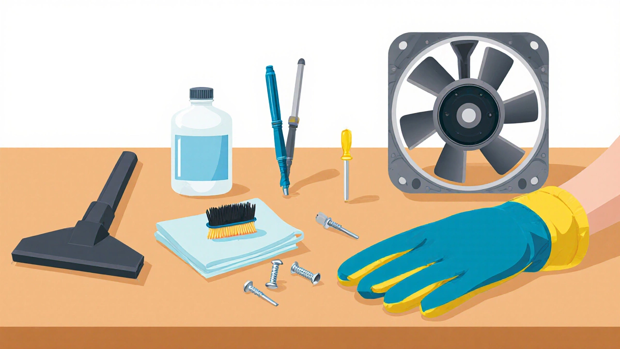 Illustrated workbench with gloves, brushes, vacuum nozzle, and screwdrivers for fan cleaning.