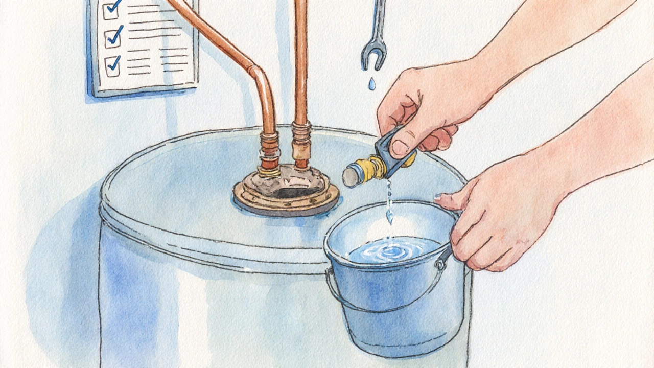 Illustration of a person inspecting a water heater's pressure‑relief valve and anode rod.