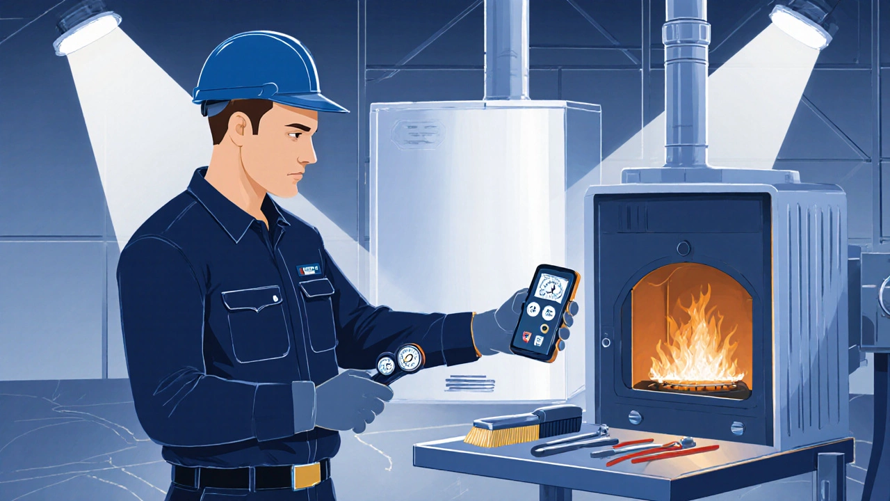 Licensed technician using a combustion analyser while servicing a gas boiler.