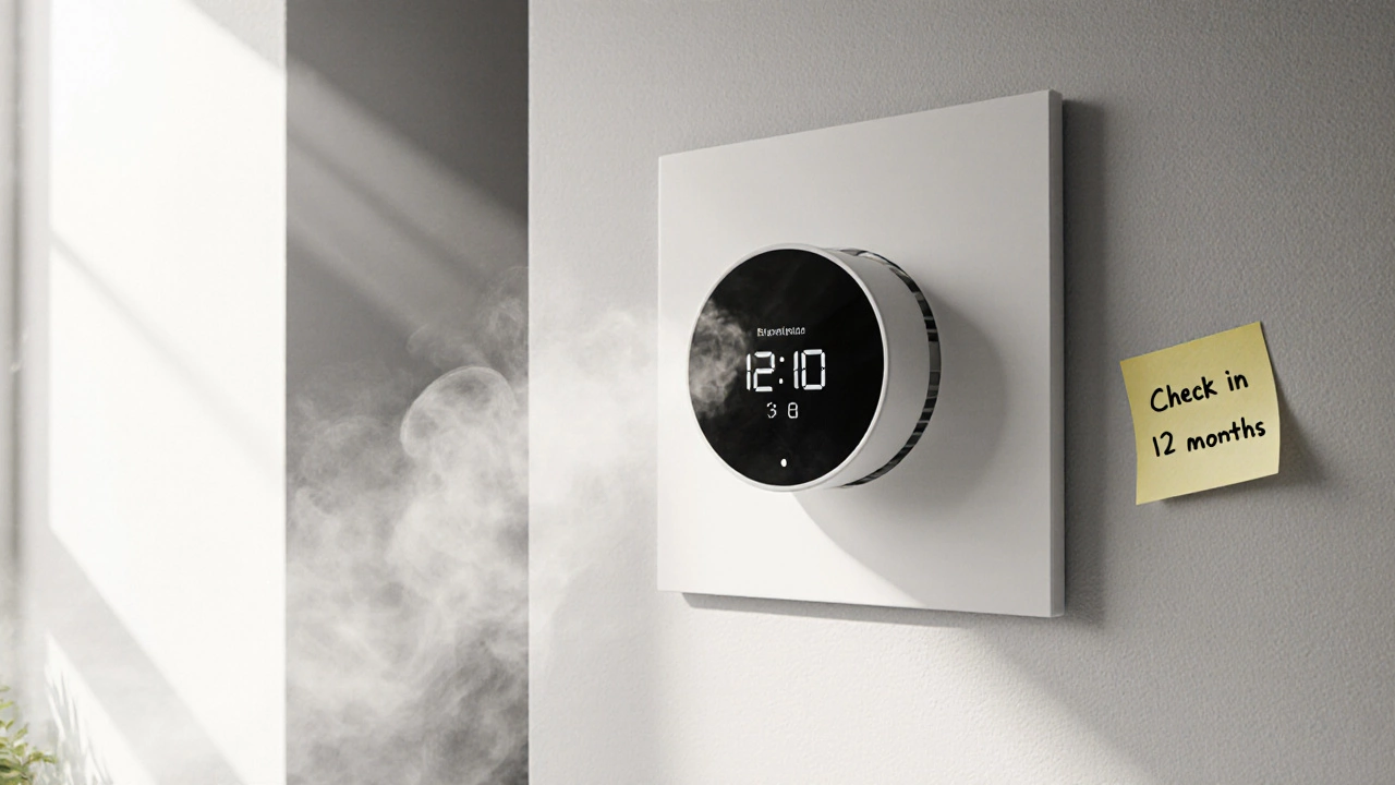 Modern extractor fan in a clean bathroom with humidity sensor, quietly removing steam under natural sunlight.