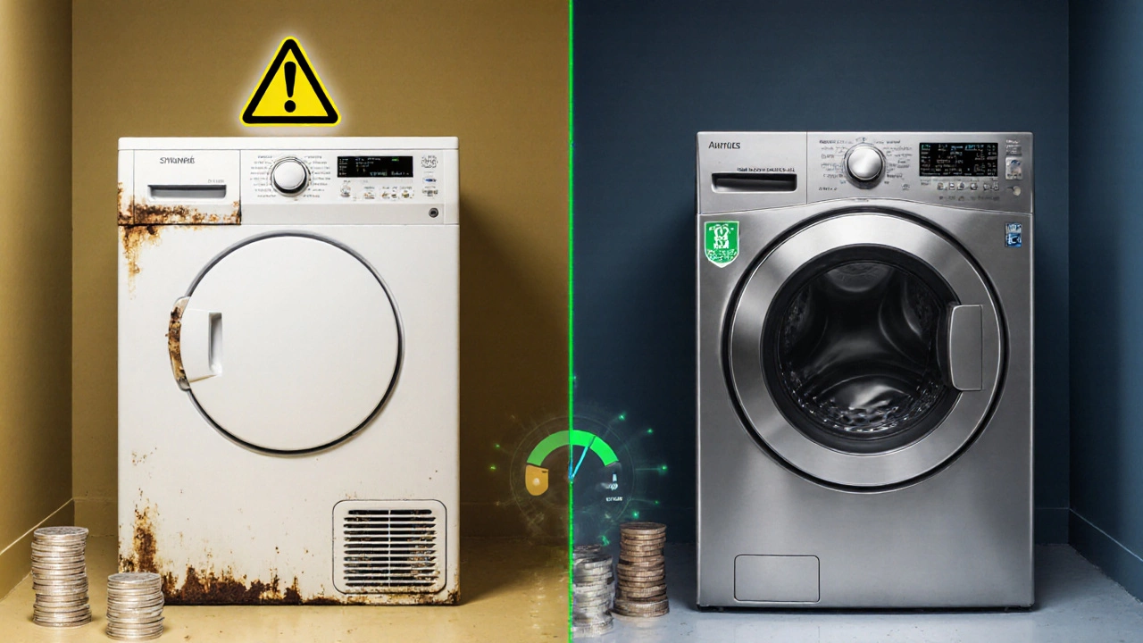 Old rusty dryer beside a sleek new energy‑efficient dryer in contrasting lighting.