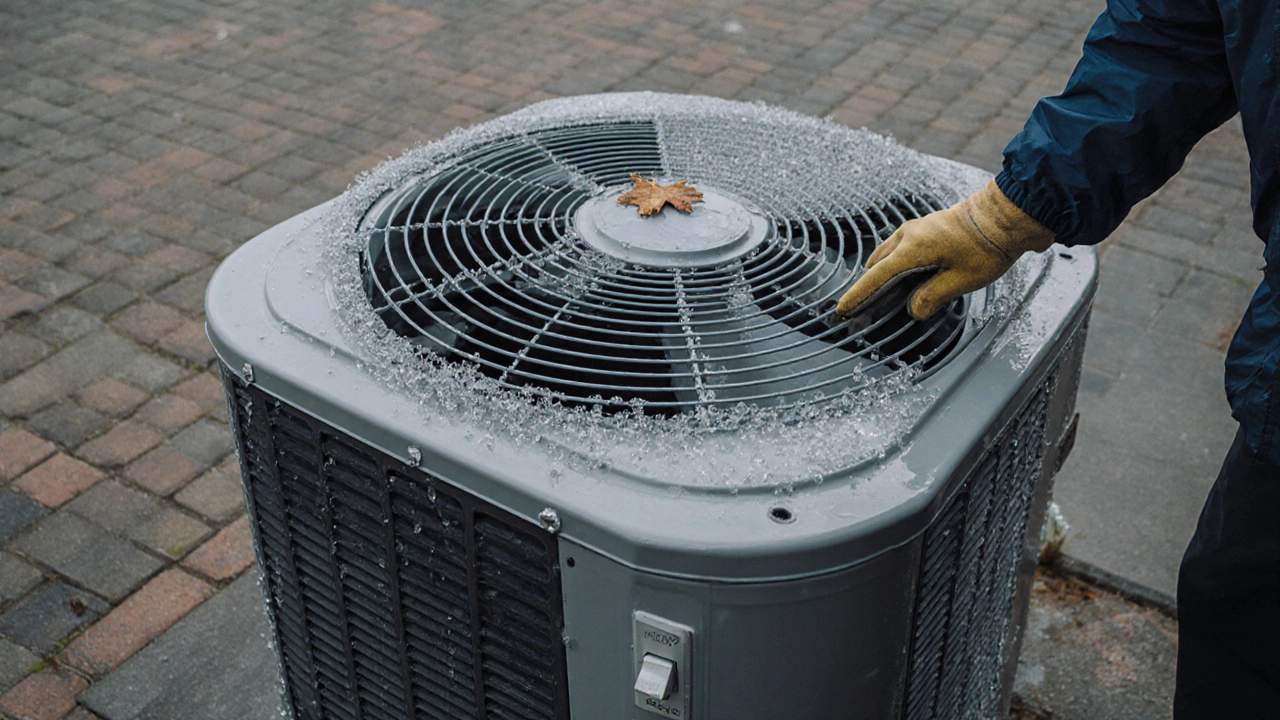 Outdoor heat pump unit with icy coil and homeowner inspecting the turned‑off unit.