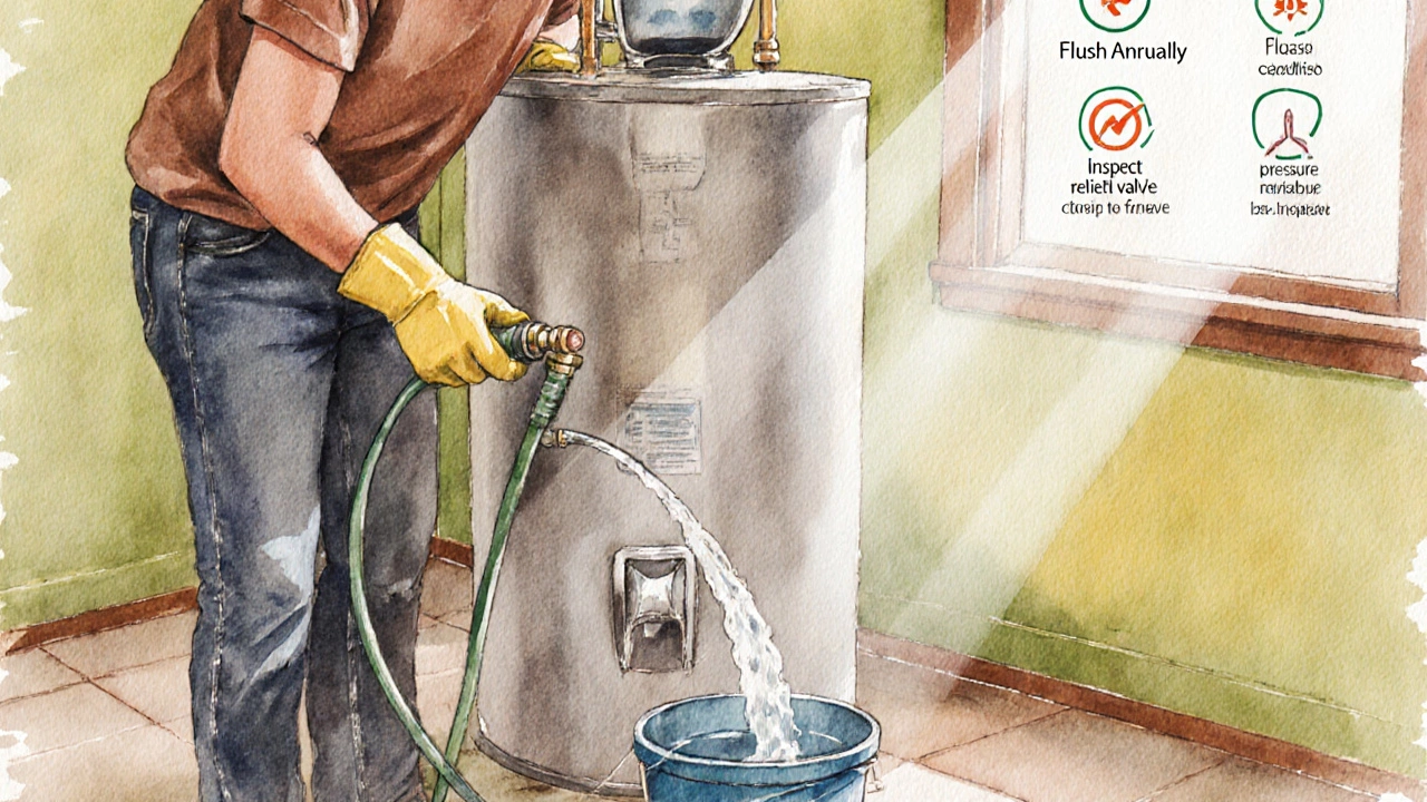 Person draining a water heater tank with a hose during routine maintenance.