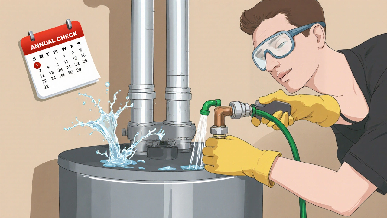 Person flushing water heater and testing the pressure relief valve.