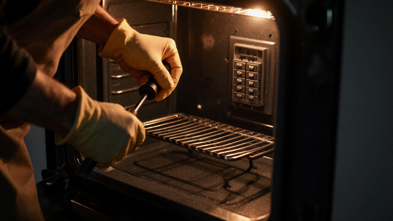Person in gloves installing a new heating element inside an oven.