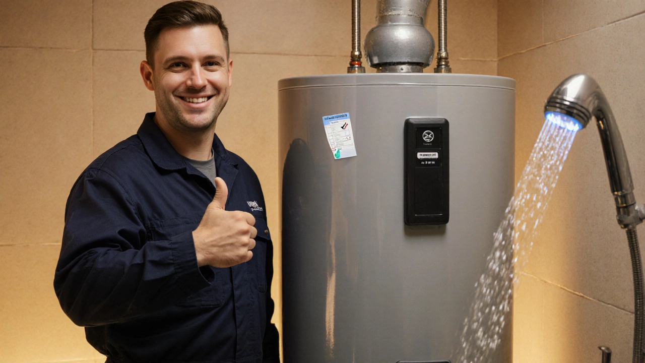 Plumber checking a reassembled water heater while a clear shower runs nearby.