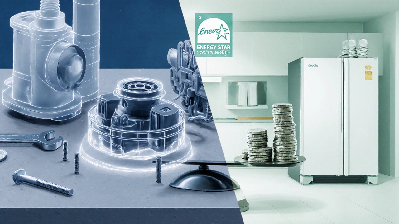 Split illustration showing dishwasher parts and tools versus a new model with cost balance.