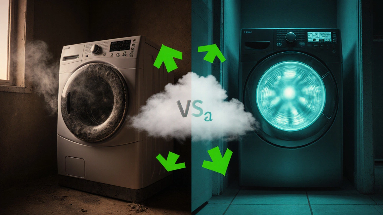 Split scene contrasts an old repaired dryer with a new heat‑pump dryer highlighting energy savings.