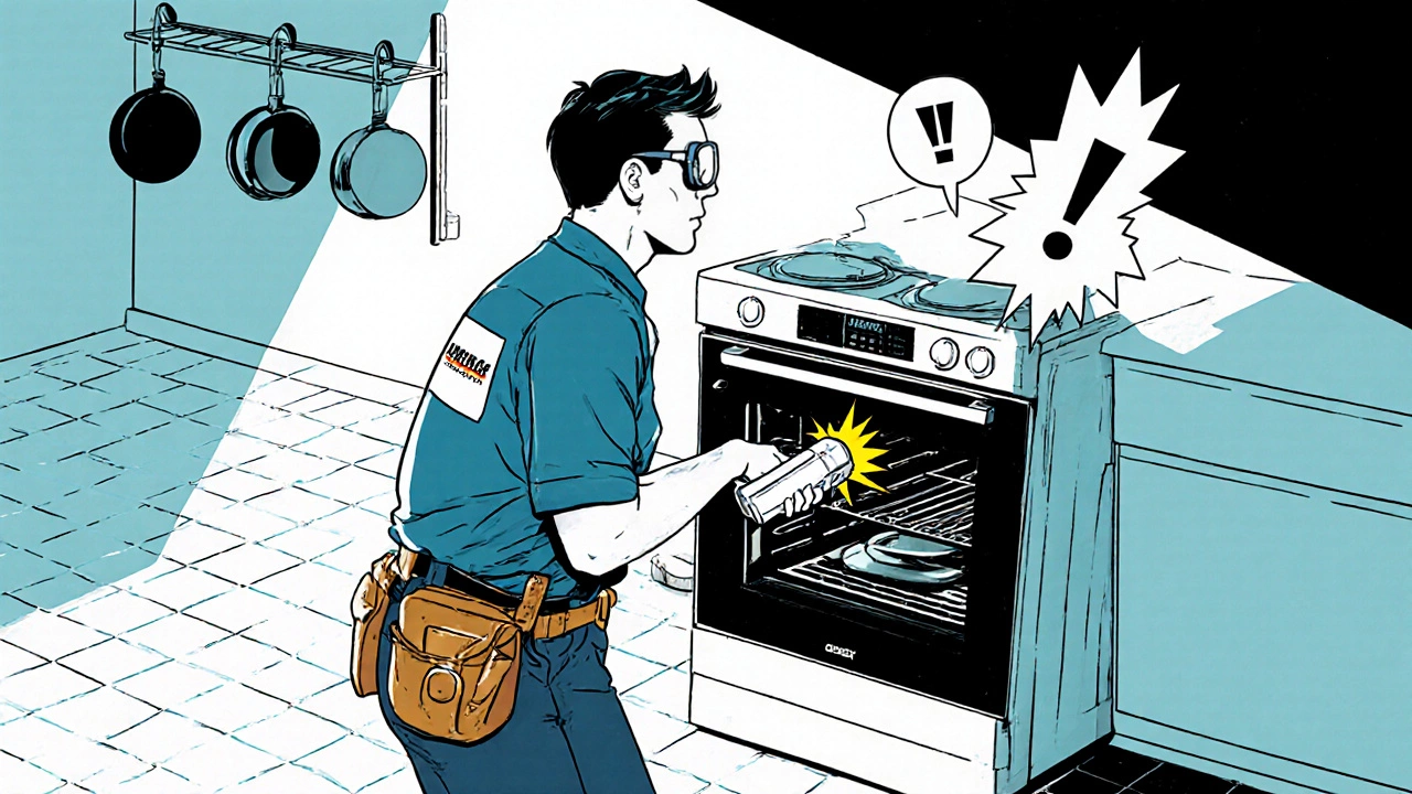 Technician inspecting a gas oven with safety gear in a stylized scene.