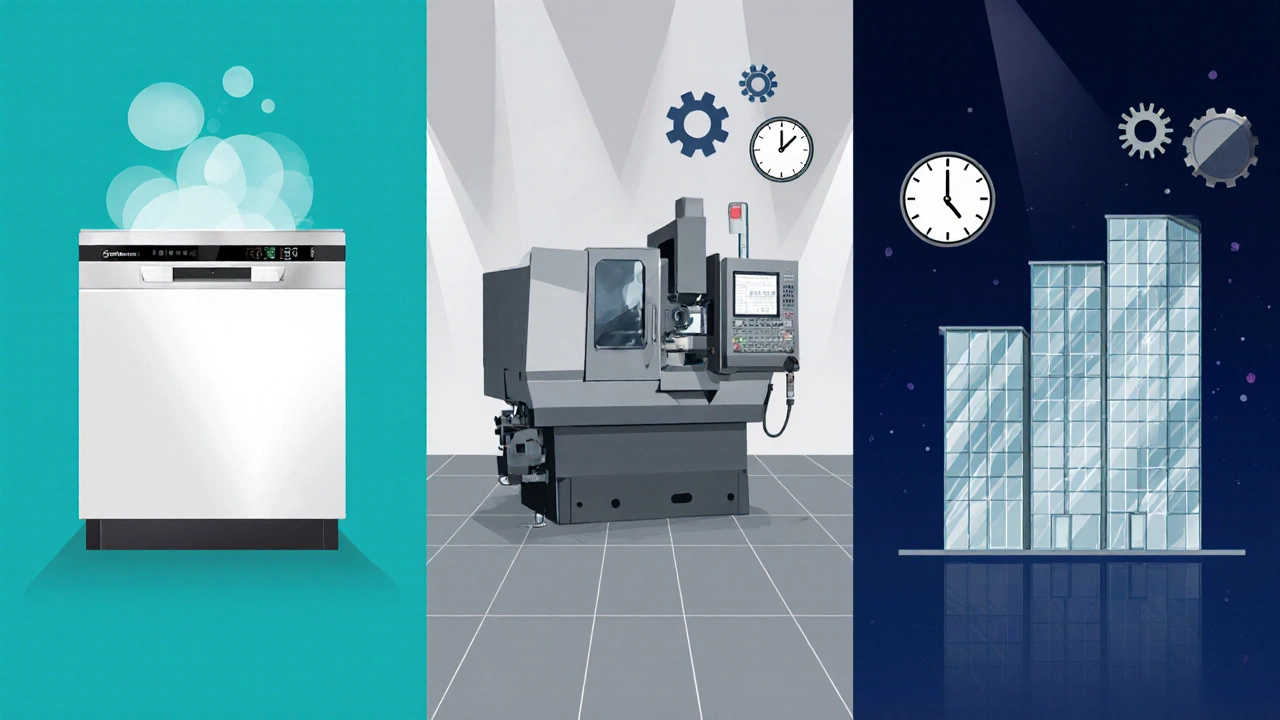 Three side-by-side scenes showing a commercial dishwasher, a CNC machine, and a glass office building representing appliance, equipment, and asset.
