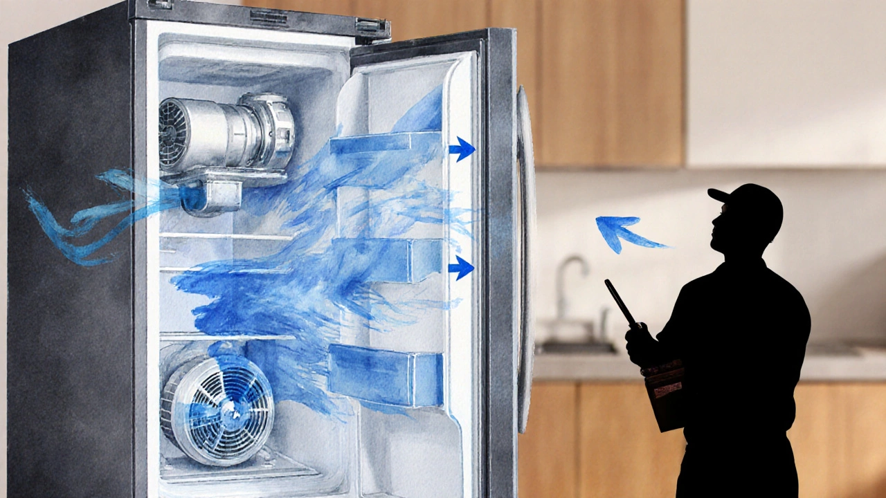 Watercolor scene showing fridge internals and a technician ready to service it.