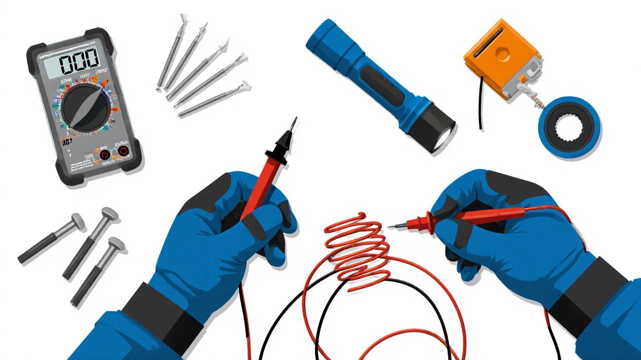 Workbench with multimeter, screwdriver, gloves, flashlight, and coil being tested.
