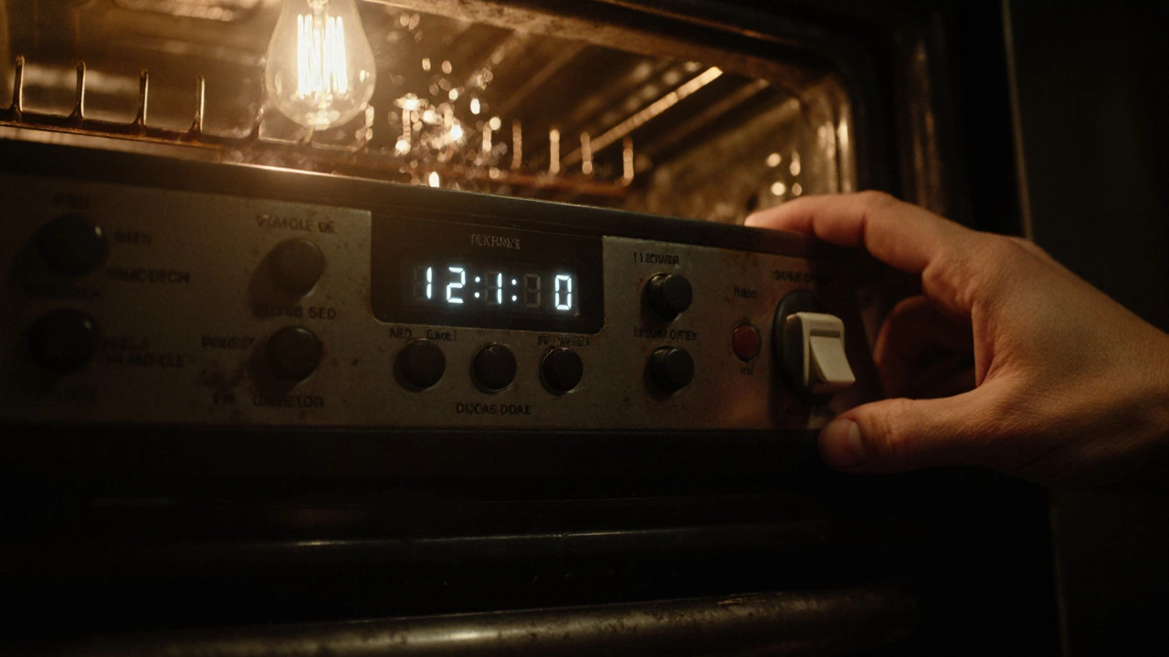 A flickering oven control panel with visible sparks inside the cavity.