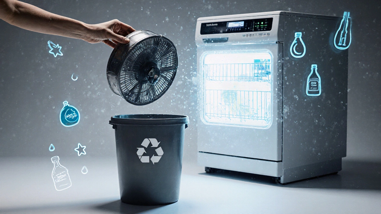 A hand recycling an old dishwasher as a new efficient model shines in the background.