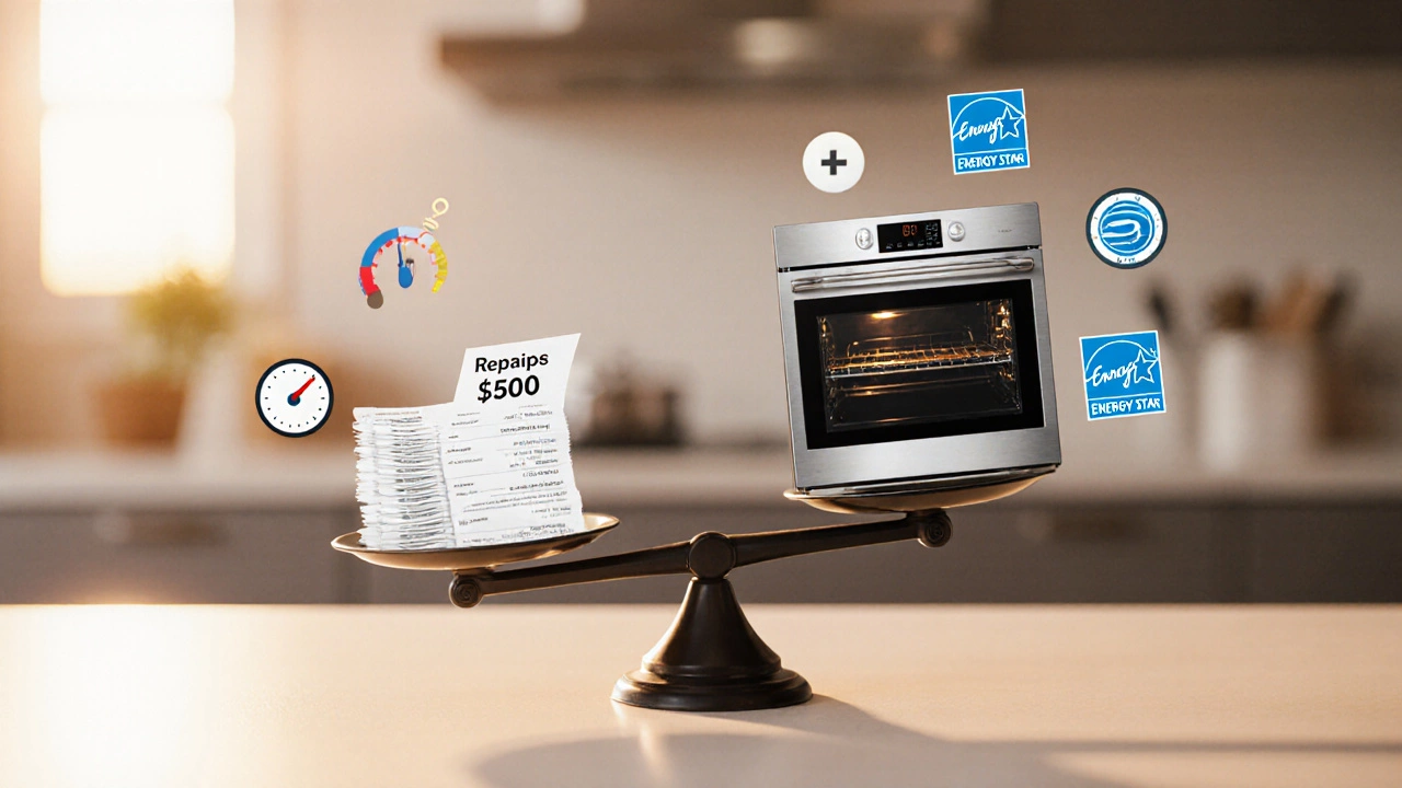 A scale tipping between repair costs and a new energy-efficient oven.