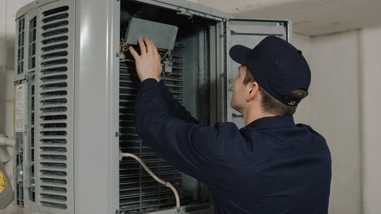 A technician inspecting a heat pump&#039;s evaporator coil with professional tools.