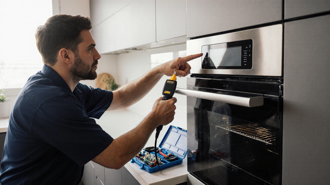 An appliance technician diagnosing a blank oven display in a modern kitchen.