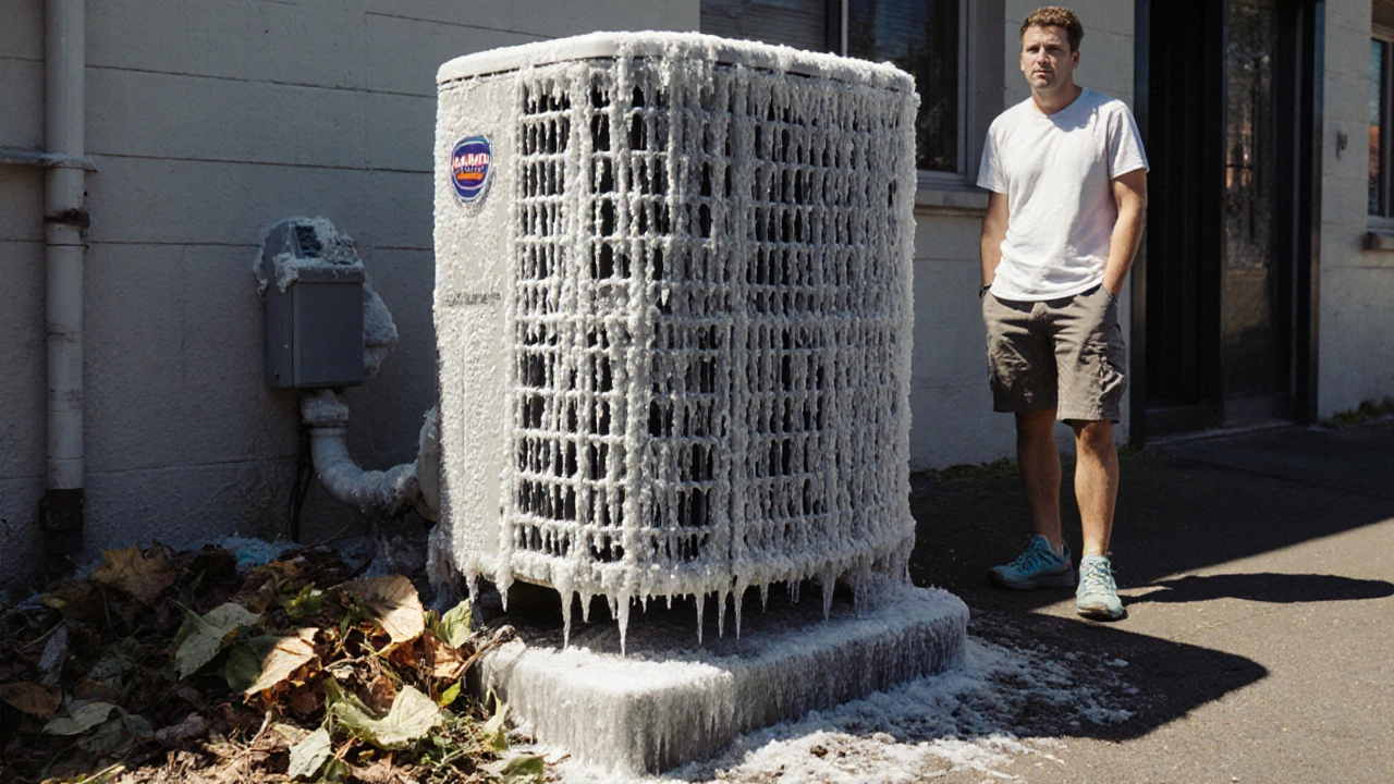 An outdoor heat pump covered in ice during summer, surrounded by leaves and debris.