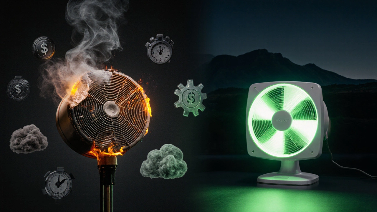 Broken old fan with smoke and waste icons vs. glowing new energy-efficient fan, symbolizing sustainability.