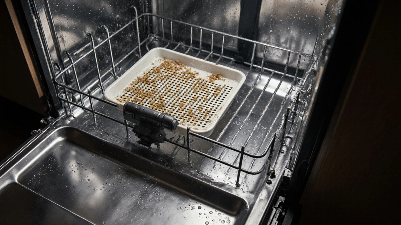 Clogged dishwasher filter and cracked door gasket inside unit