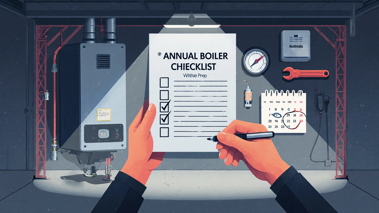 Homeowner reviewing a boiler maintenance checklist in a garage