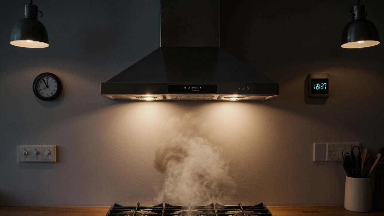 Kitchen extractor fan with timer running during cooking, smoke venting outside, clean and efficient.