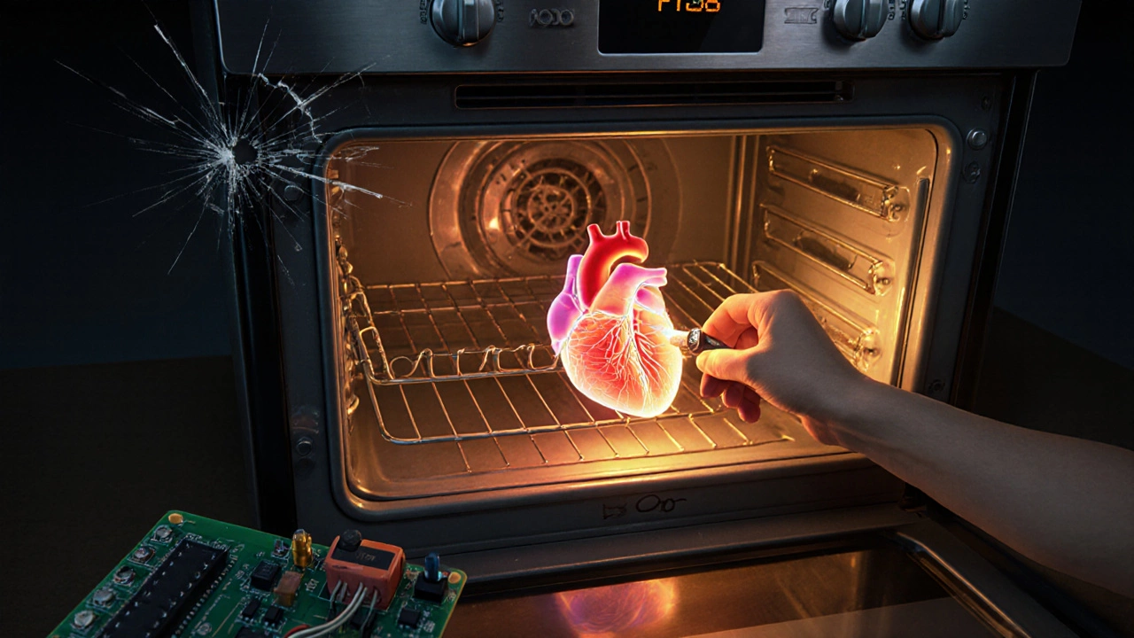 Oven depicted as a heart with failing parts around it, hand replacing sensor as light returns.