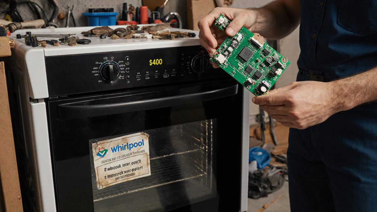 Repair technician holding expensive broken control board next to a working Whirlpool oven with 7-year warranty sticker.